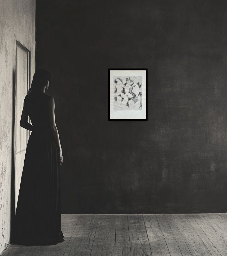 Print Trio in dark interior next to a lady
