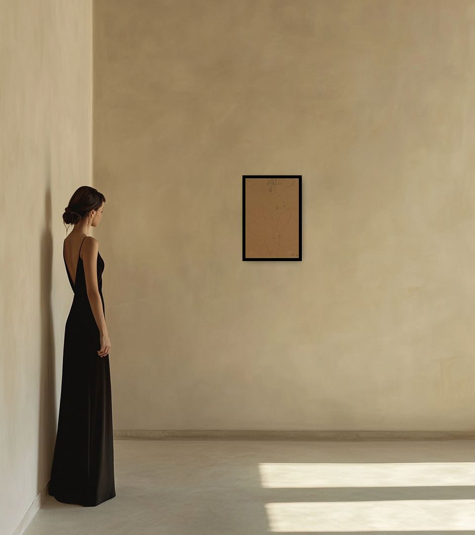 Drawing Senza Titolo in warm interior next to a lady