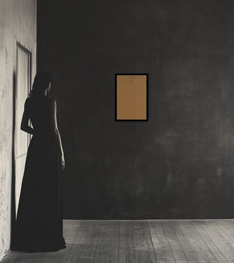 Drawing Senza Titolo in dark interior next to a lady