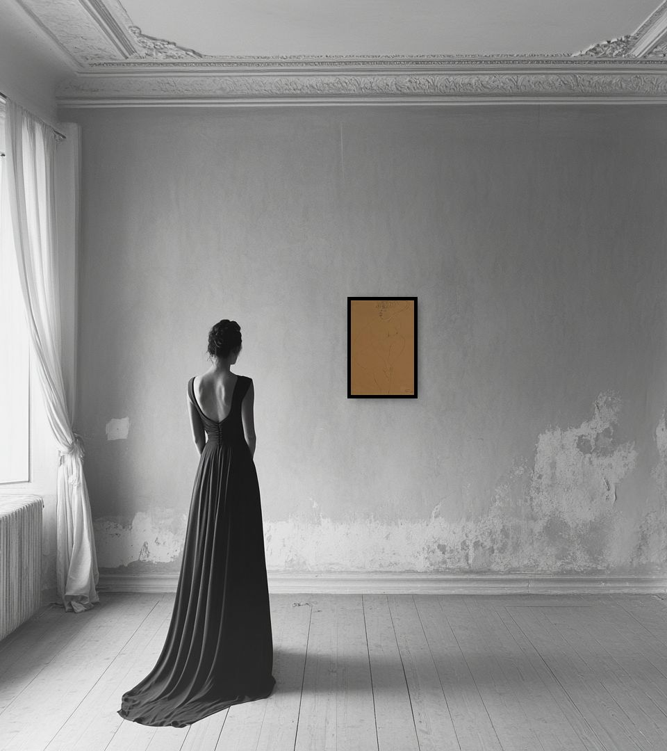 Drawing Senza Titolo in light interior next to a lady