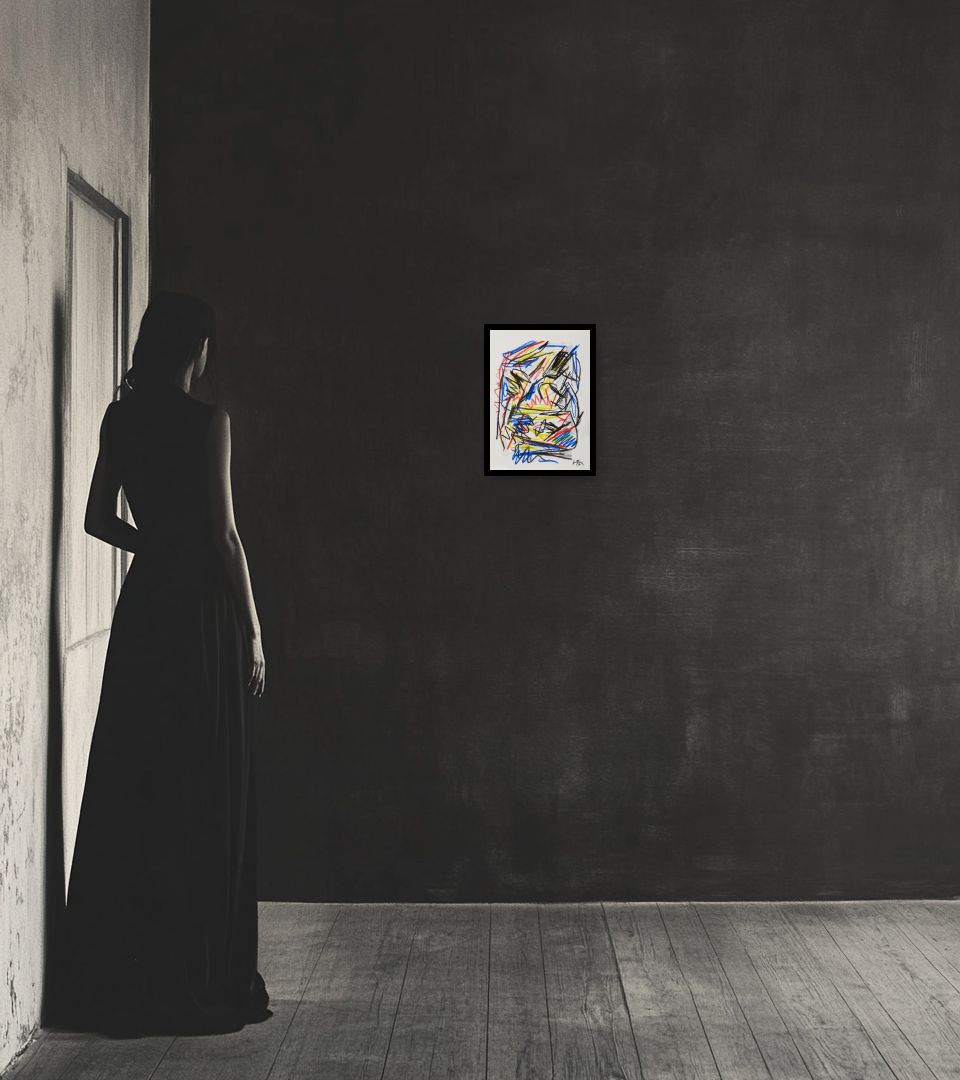 Drawing Senza Titolo, C-28 in dark interior next to a lady