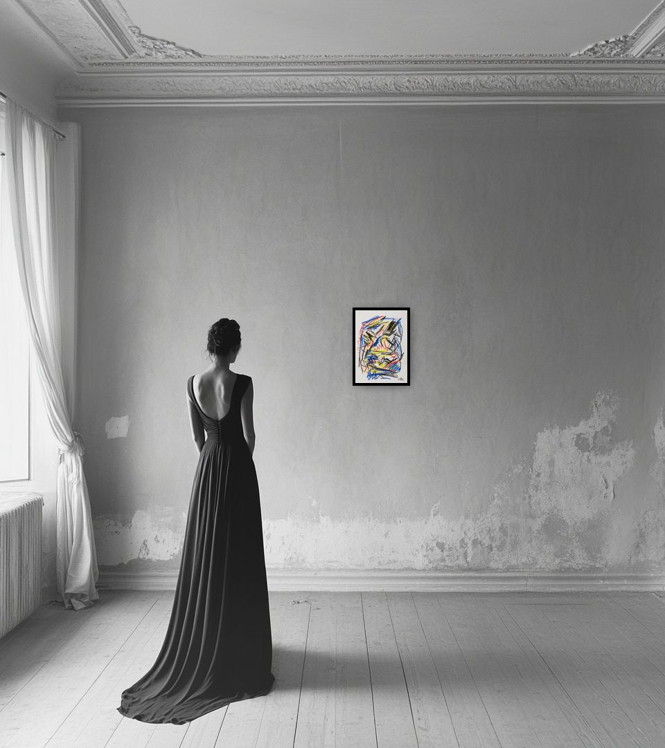 Drawing Senza Titolo, C-28 in light interior next to a lady