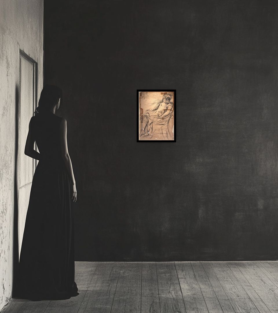 Drawing Lydia Leonidovna Pasternak in dark interior next to a lady