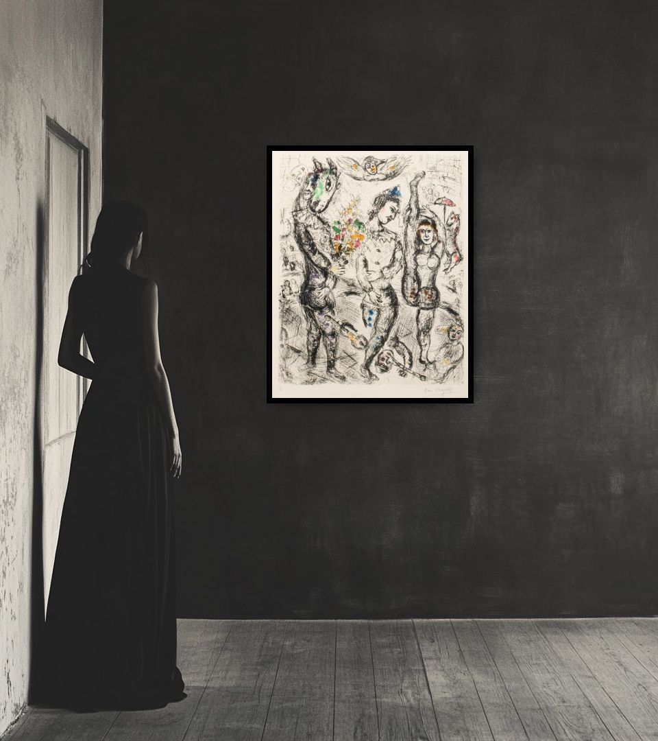 Print Le Pierrot in dark interior next to a lady