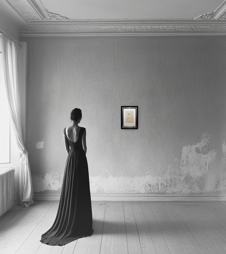 Drawing Untitled in light interior next to a lady