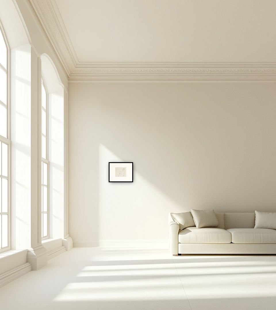 Print Jeune femme enserrant son genou gauche in large empty light living room