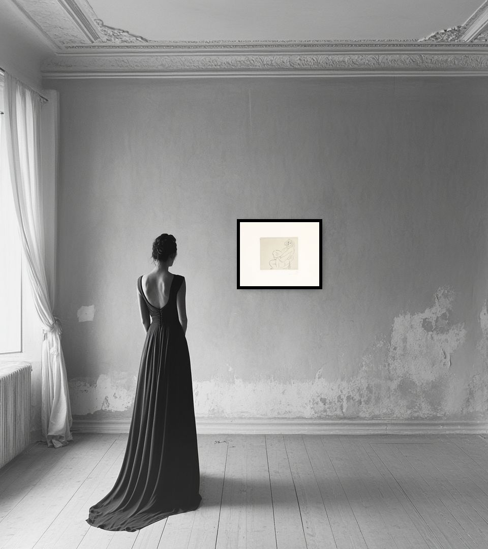 Print Jeune femme enserrant son genou gauche in light interior next to a lady