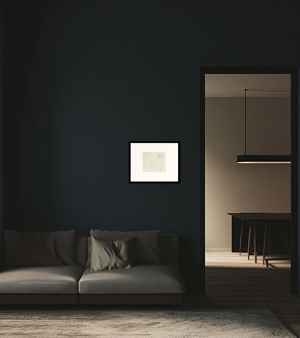 Print Jeune femme enserrant son genou gauche in dark living room