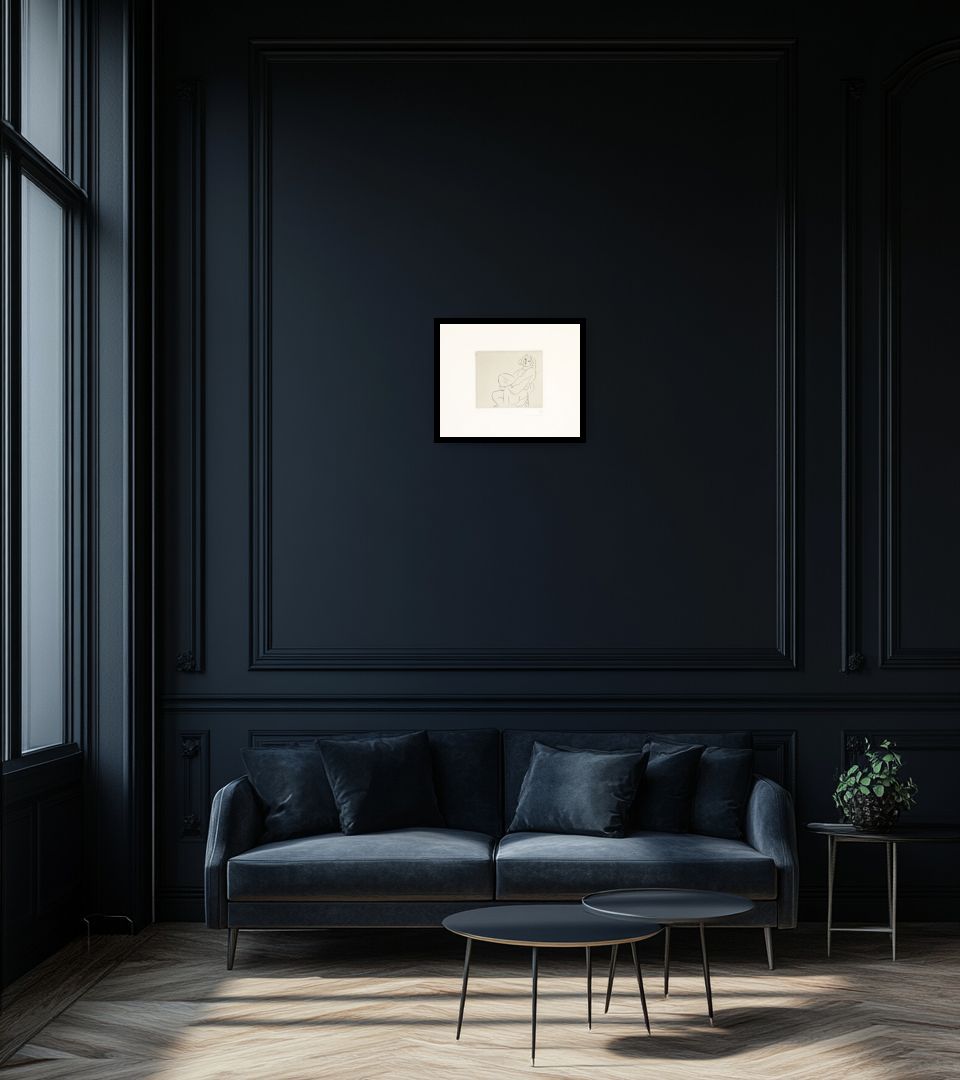 Print Jeune femme enserrant son genou gauche in dark living room