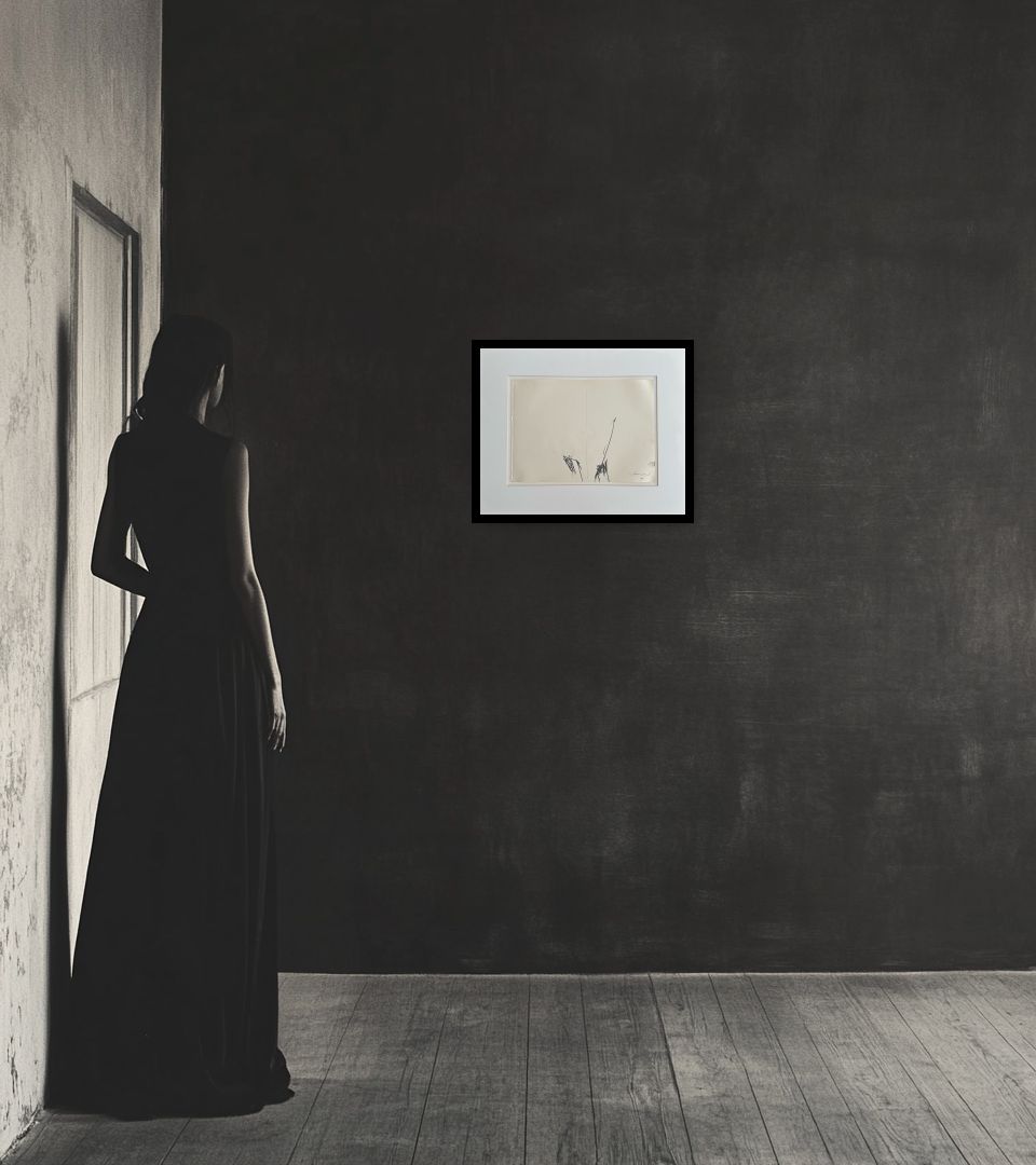 Drawing Senza Titolo in dark interior next to a lady