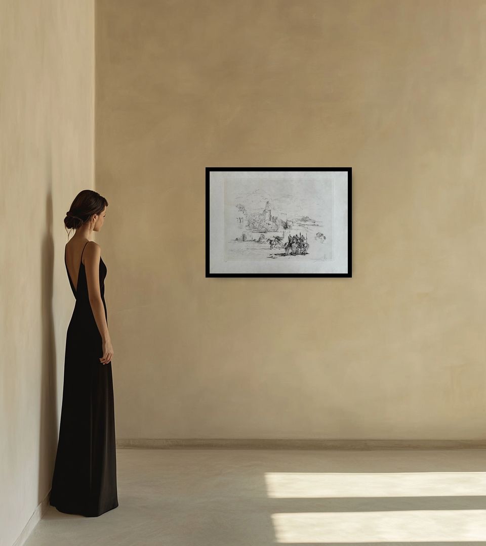Print Rome and cadaques in warm interior next to a lady