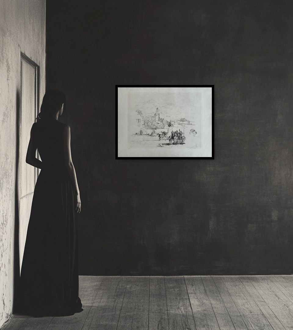 Print Rome and cadaques in dark interior next to a lady