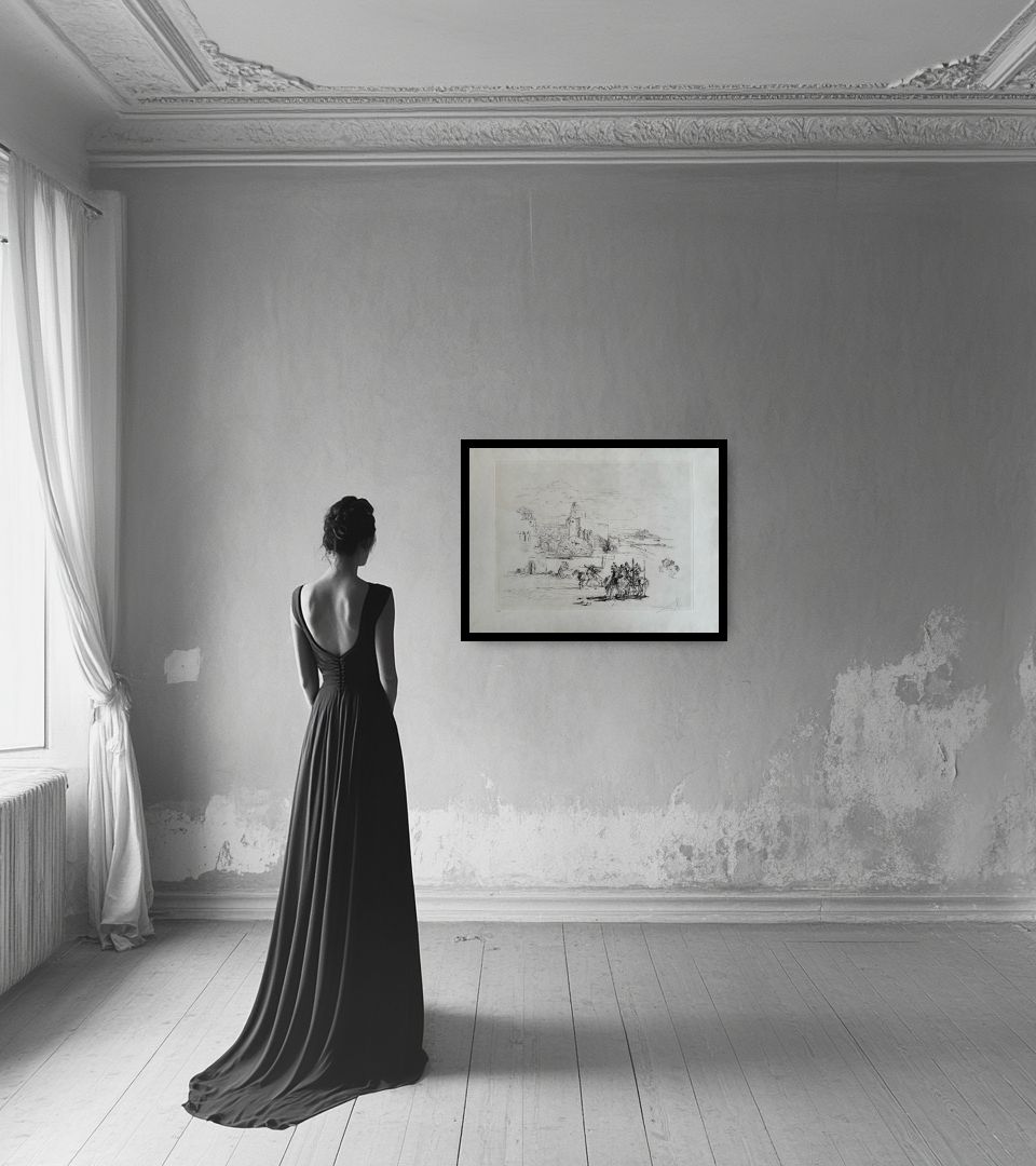 Print Rome and cadaques in light interior next to a lady