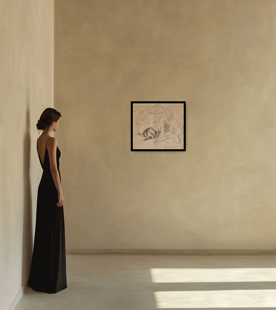 Drawing Composizione con gatto in warm interior next to a lady