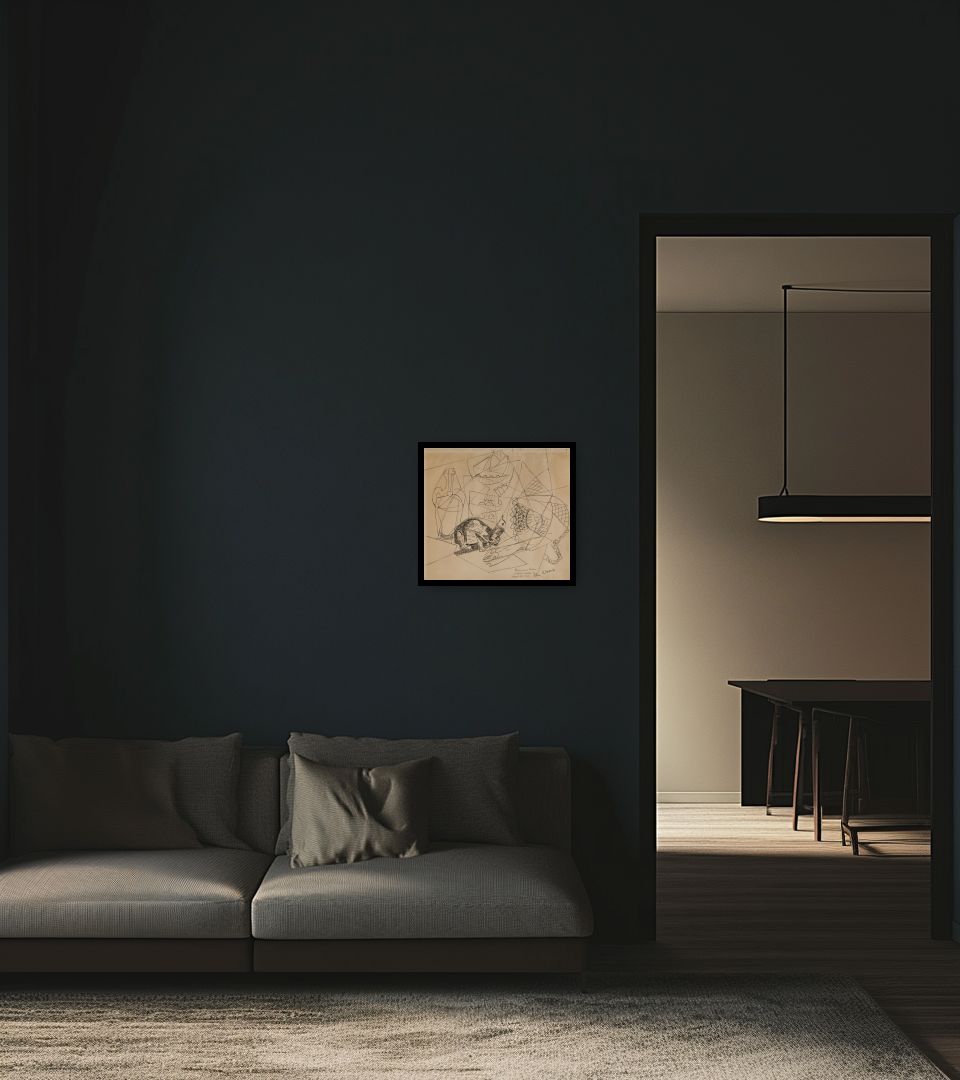 Drawing Composizione con gatto in dark living room