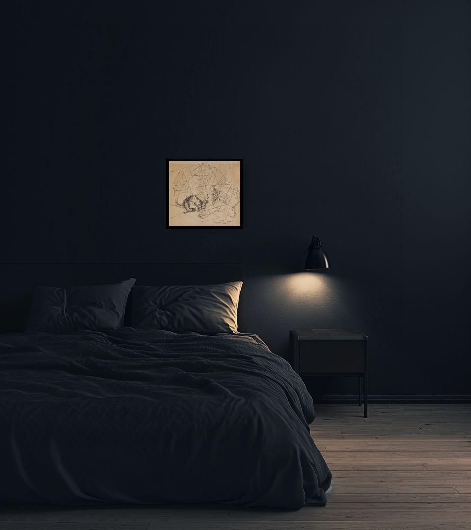 Drawing Composizione con gatto in dark bedroom