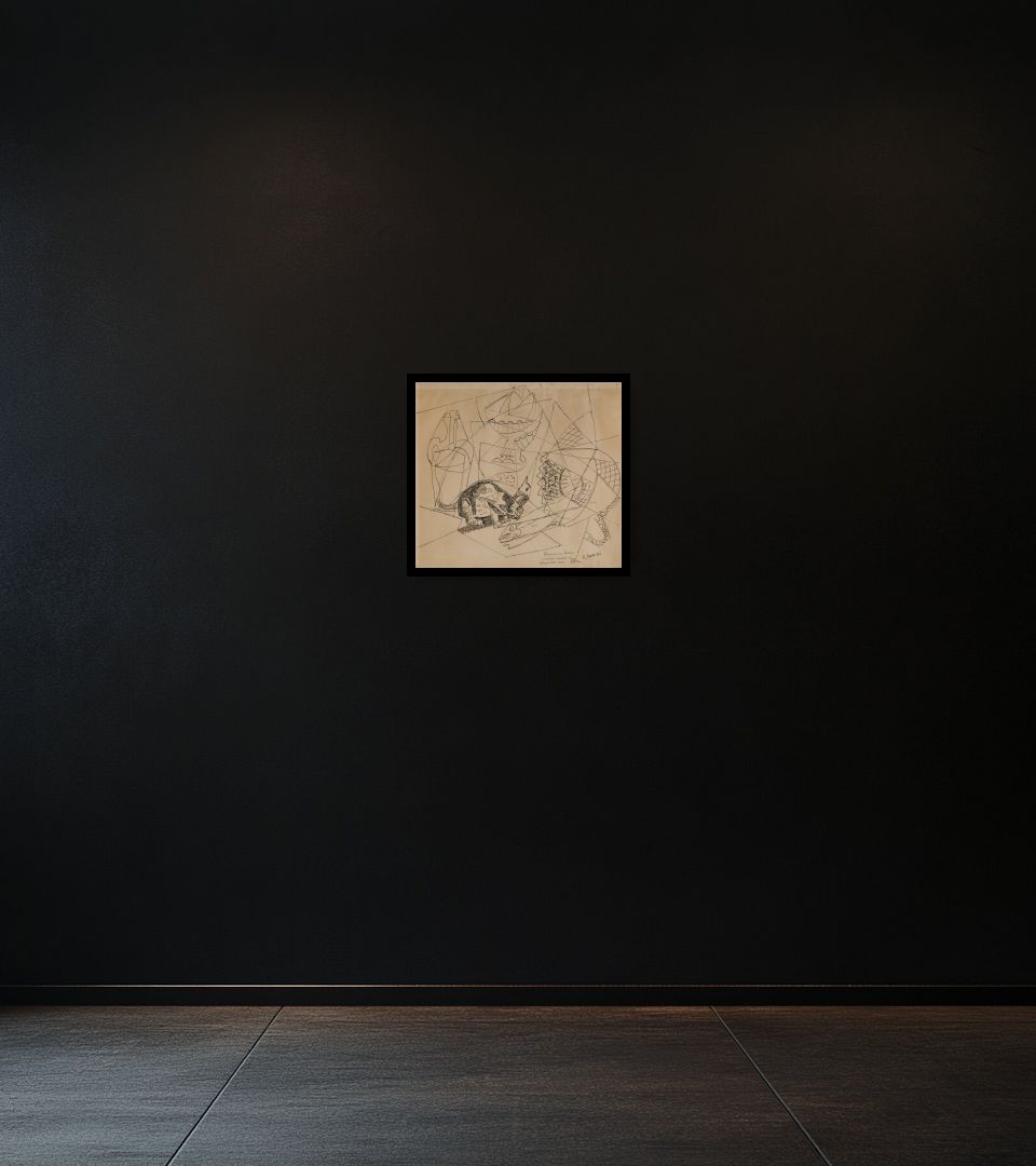 Drawing Composizione con gatto on dark wall