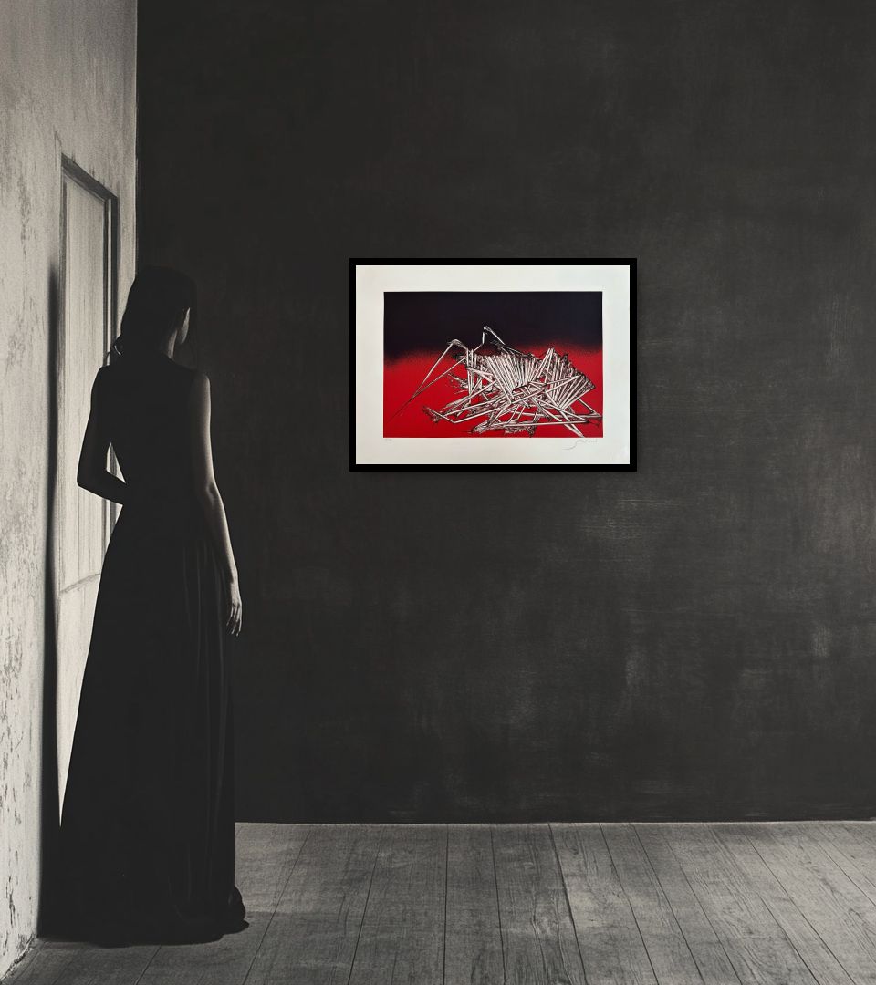 Print Senza Titolo in dark interior next to a lady