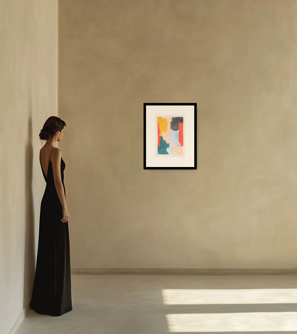 Print Abstract Composition in warm interior next to a lady