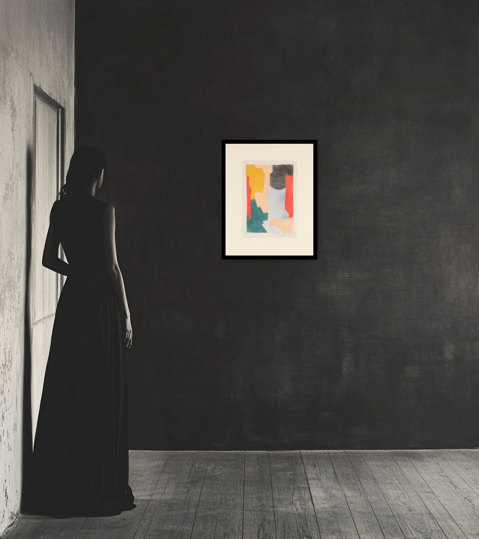 Print Abstract Composition in dark interior next to a lady