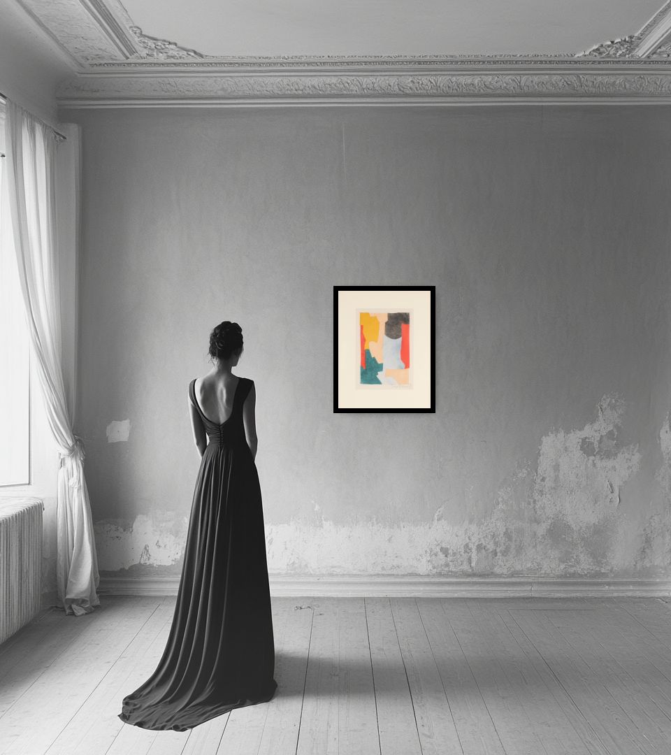 Print Abstract Composition in light interior next to a lady