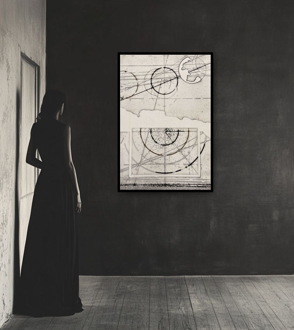 Print Senza Titolo in dark interior next to a lady